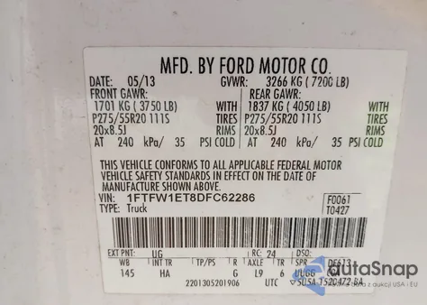 2013 Ford F-150 Lariat from USA, damaged, VIN 1FTFW1ET8DFC62286